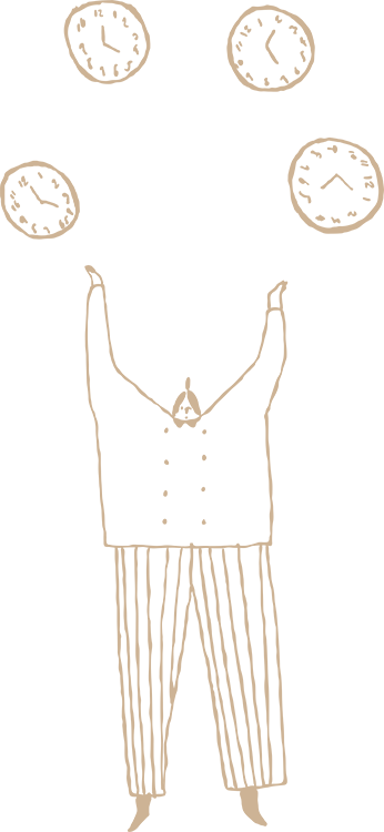 Illustration of a chef juggling clocks