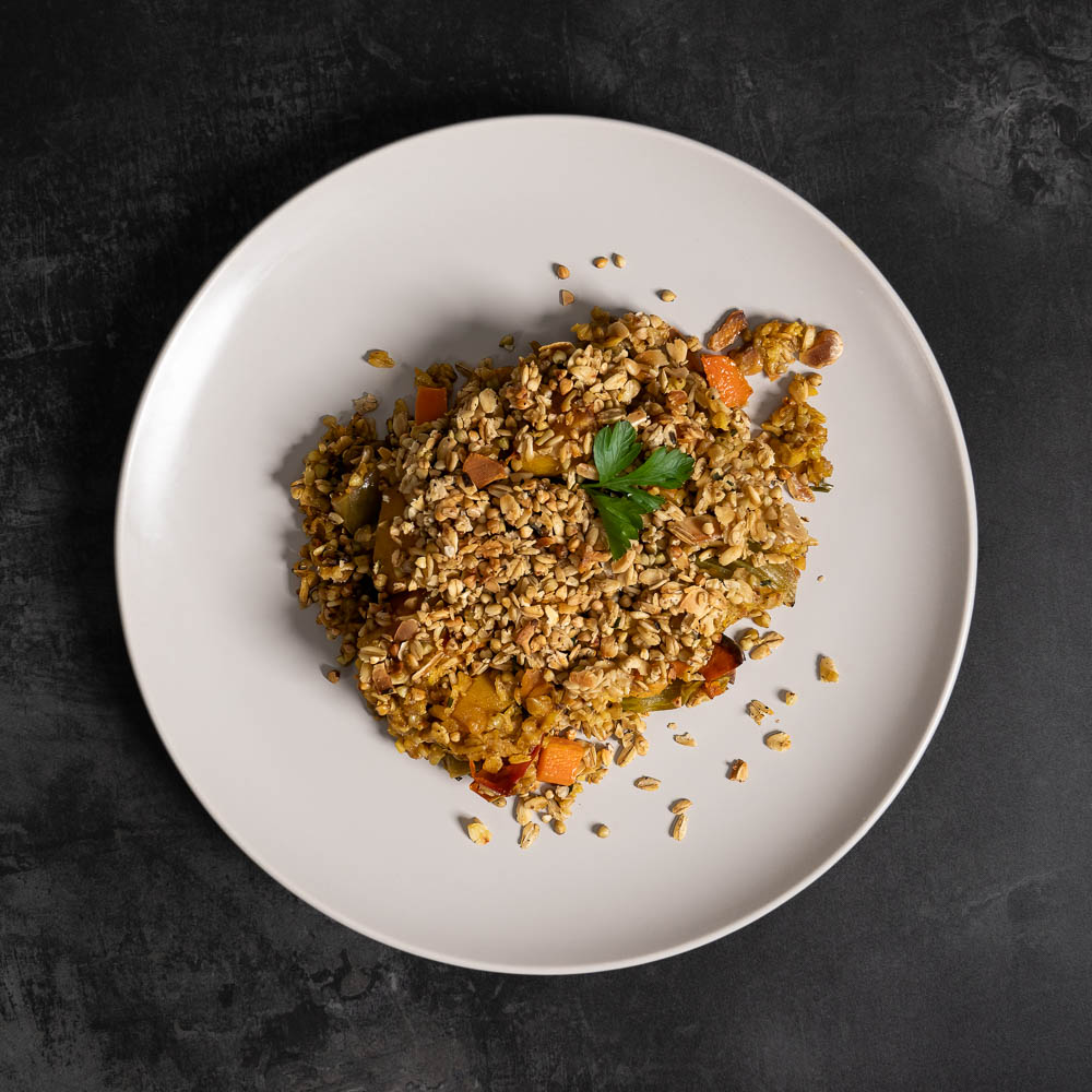 Spiced Root Vegetables with Lentils and a Savoury Buckwheat Granola frozen